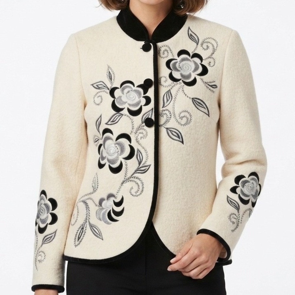 Carson Wool Jacket Womens Medium Cream Floral Embroidered Grandmacore